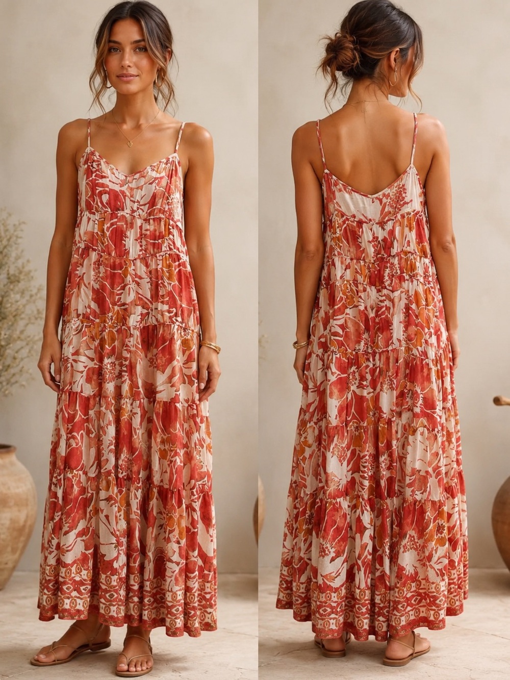 Avec Les Filles Boho Resort Cottagecore Coral White Floral Tiered Maxi Dress 12